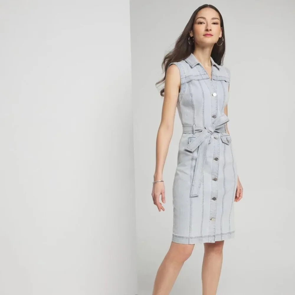 WHBM $160 Denim Sheath Dress Light Wash Cotton Blend Belted 12